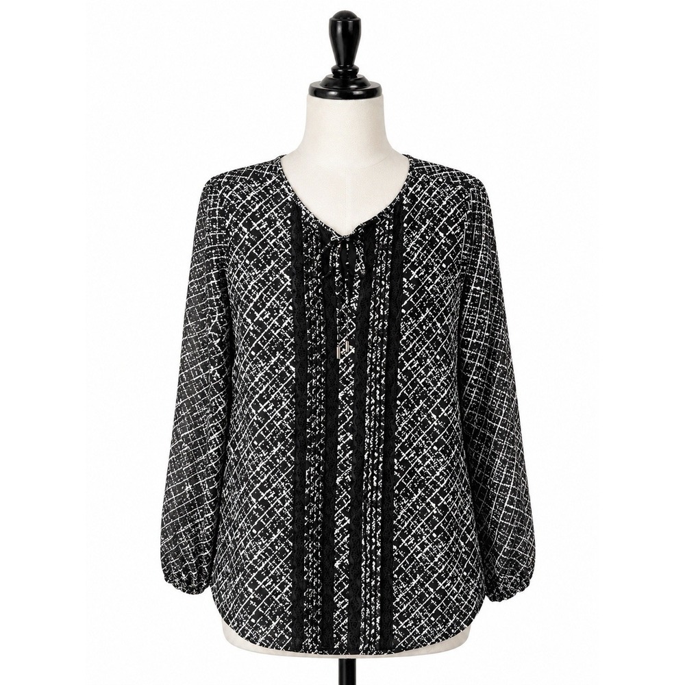 White House Black Market Lace Trim Split V Neck Sheer Long Sleeve  Size M